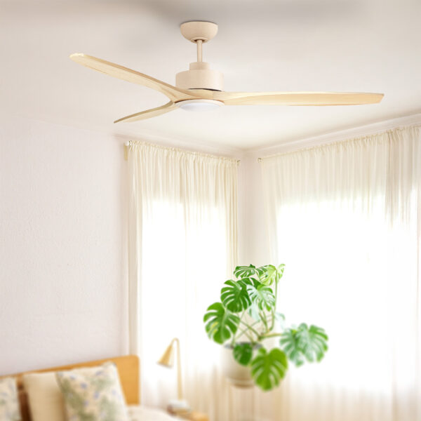 EarthFirst Wynd DC energy-efficient low profile timber ceiling fan with natural timber blades in a modern bedroom.