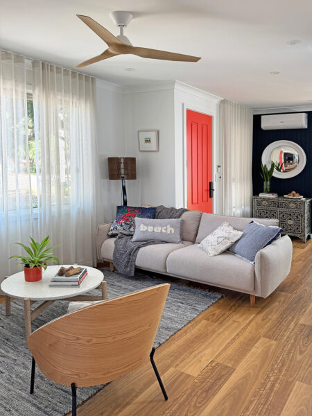 Fanco Infinity-iD SMART energy-efficient ceiling fan in a modern living room from James Treble’s guest house project.