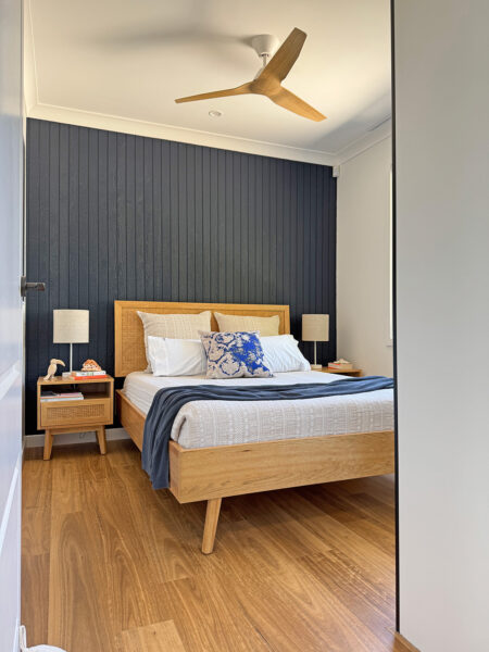 Fanco Infinity-iD SMART energy-efficient ceiling fan in a modern architectural bedroom from James Treble’s guest house project.