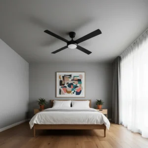 fanco-eco-silent-pro-dc-52-inch-with-cct-led-light-black-installed-in-modern-bedroom